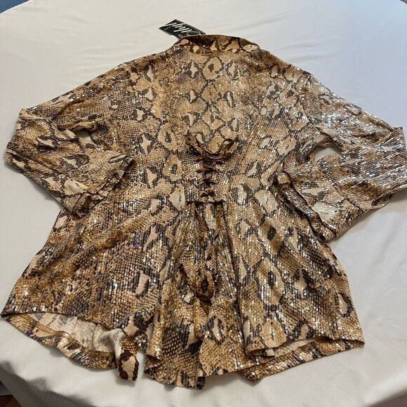 NWT Ethyl Snakeprint Sequin Sparkle Tunic Top Button Up Shirt Plus Size XXL New - Picture 7 of 9